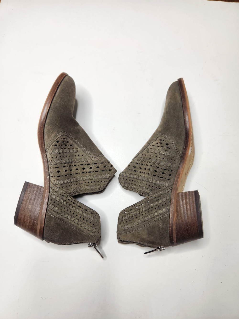 Vince Camuto Olive Taupe Suede Laser-Cut Ankle Booties - Picture 5 of 7